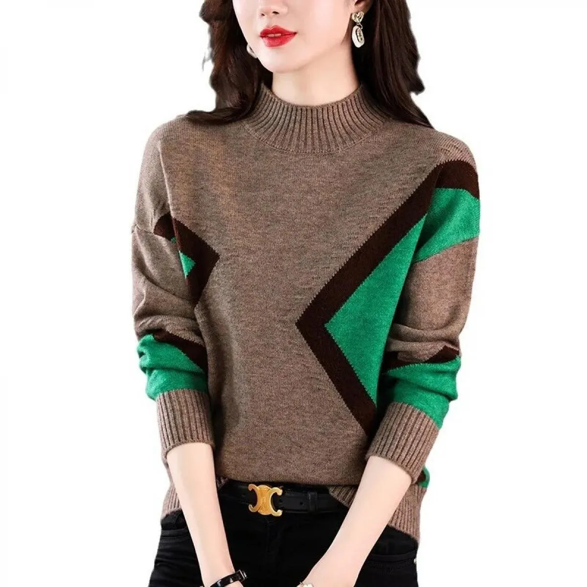 Maglioni lavorati a maglia vintage Autunno Inverno Collo a lupetto Manica lunga Pullover con pannelli Abbigliamento donna Top ca
