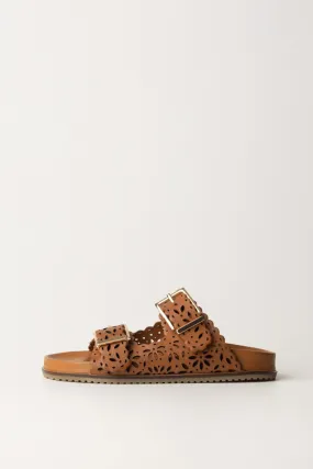 Sandali slide in pelle laserata Cuoio